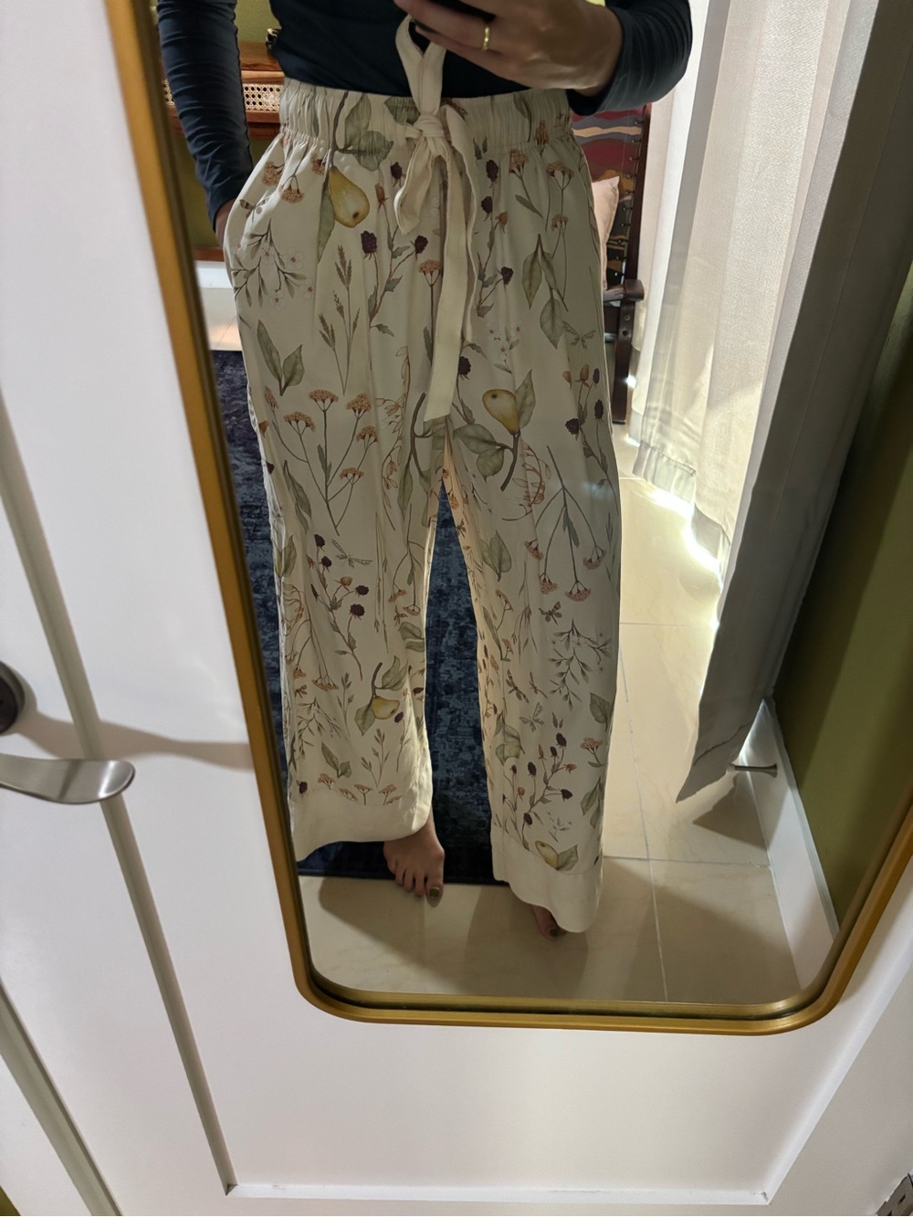 H&M Cream Floral Wide-Leg Drawstring Pants